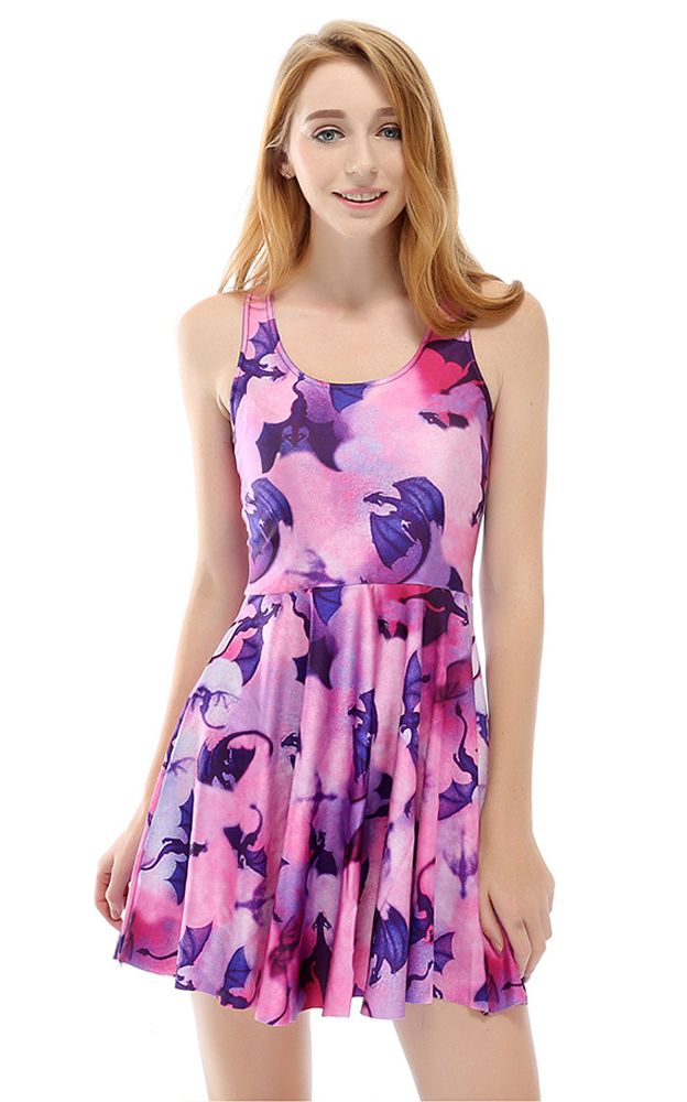 F33104 Women Pleated dress Flying Purple Dragon Printed Pleated dresss